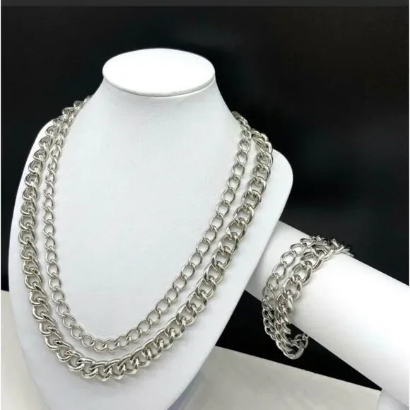 Stella & Dot La Coco Silver Curb Chain Link Necklace and Bracelet Set